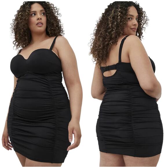 Torrid NWT Ruched Retro Mid-Length Swim Dress Black Size 6X D/DD Underwire - Picture 1 of 11